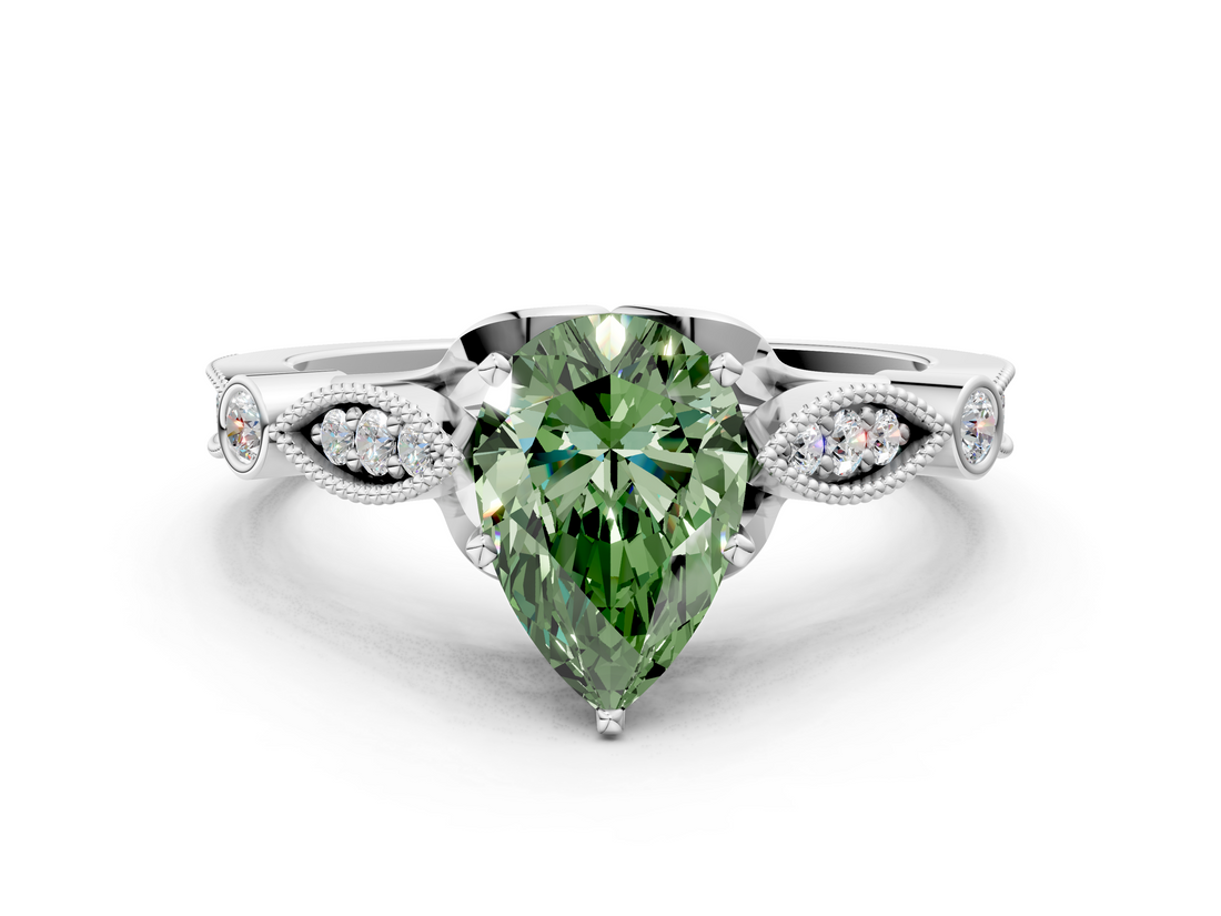 White gold Fancy Green Pear  Cut Diamond with Milgrain Marquise and Bezel Accents on a Solitaire Band with Prong Setting_232