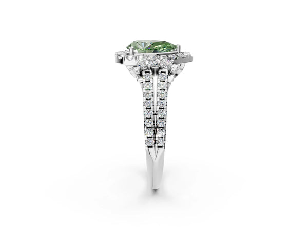 Platinum Fancy Green Pear  Cut Double Halo Diamond Engagement Ring with Pave Band and Four-Prong Setting
