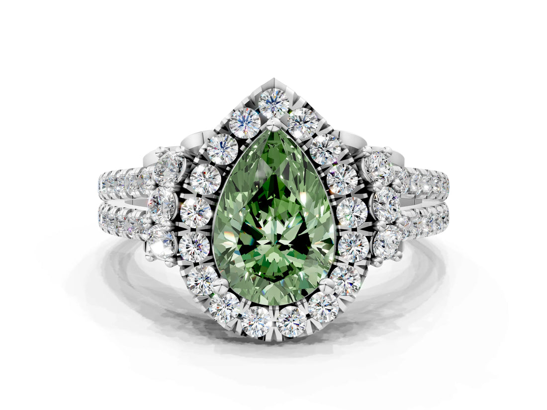 White gold Fancy Green Pear  Cut Double Halo Diamond Engagement Ring with Pave Band and Four-Prong Setting_38