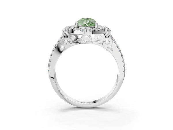 Platinum Fancy Green Pear  Cut Double Halo Diamond Engagement Ring with Pave Band and Four-Prong Setting