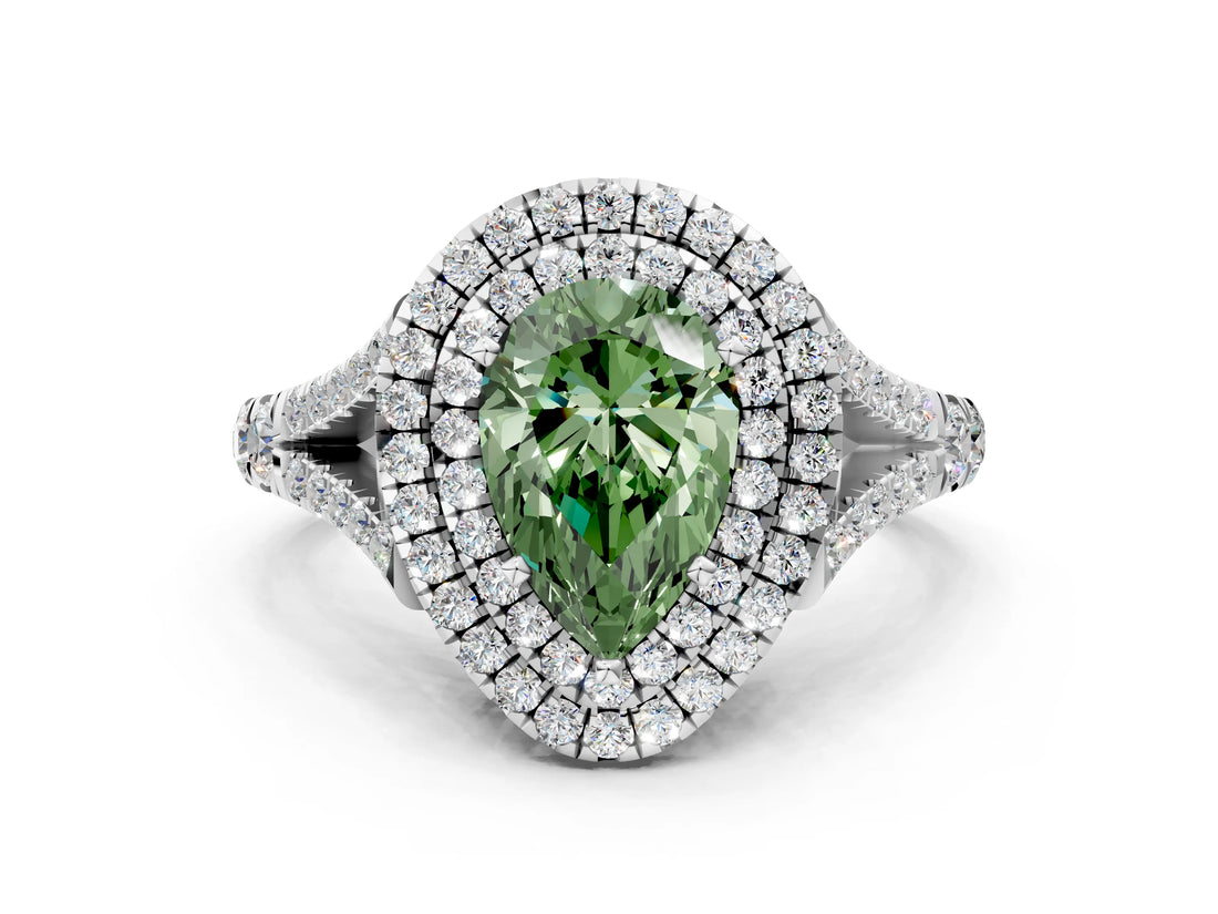 White gold Fancy Green Pear  Cut Double Halo Split Shank Diamond Ring with Prong Setting_49
