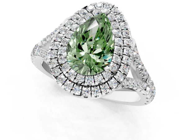 White gold Fancy Green Pear  Cut Double Halo Split Shank Diamond Ring with Prong Setting