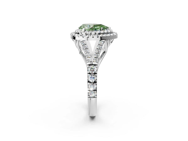 White gold Fancy Green Pear  Cut Double Halo Split Shank Diamond Ring with Prong Setting