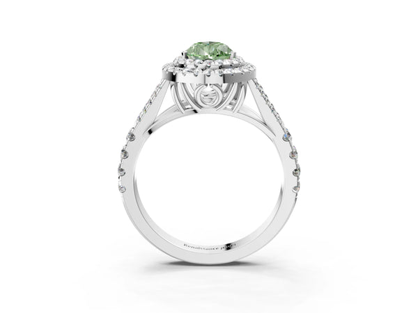 White gold Fancy Green Pear  Cut Double Halo Split Shank Diamond Ring with Prong Setting