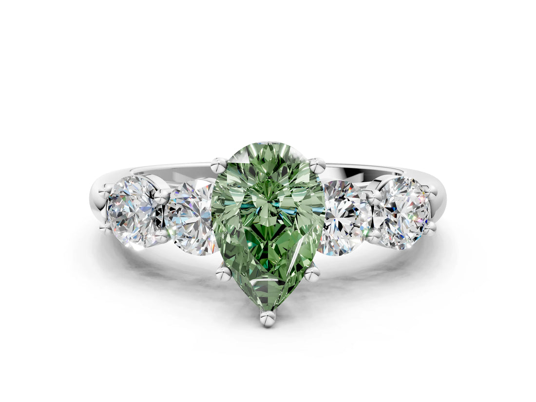 White gold Fancy Green Pear  Cut Five-Stone Prong Set Diamond Ring with Classic Band_34