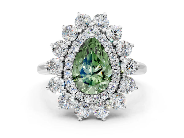 White gold Fancy Green Pear Cut Halo Cluster Diamond Ring with Pave Band and Four-Prong Setting