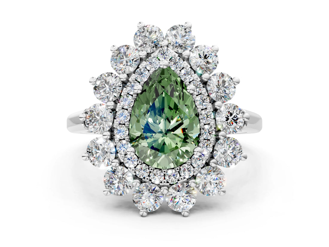 White gold Fancy Green Pear Cut Halo Cluster Diamond Ring with Pave Band and Four-Prong Setting_12