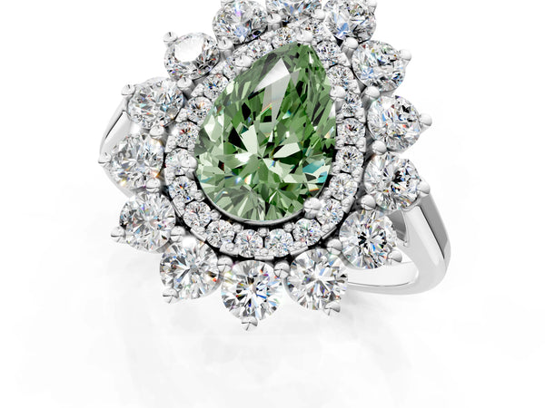 White gold Fancy Green Pear Cut Halo Cluster Diamond Ring with Pave Band and Four-Prong Setting