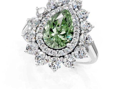 White gold Fancy Green Pear Cut Halo Cluster Diamond Ring with Pave Band and Four-Prong Setting_13