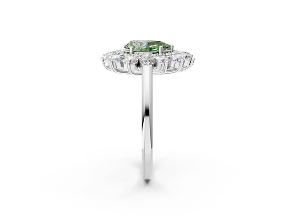 White gold Fancy Green Pear Cut Halo Cluster Diamond Ring with Pave Band and Four-Prong Setting