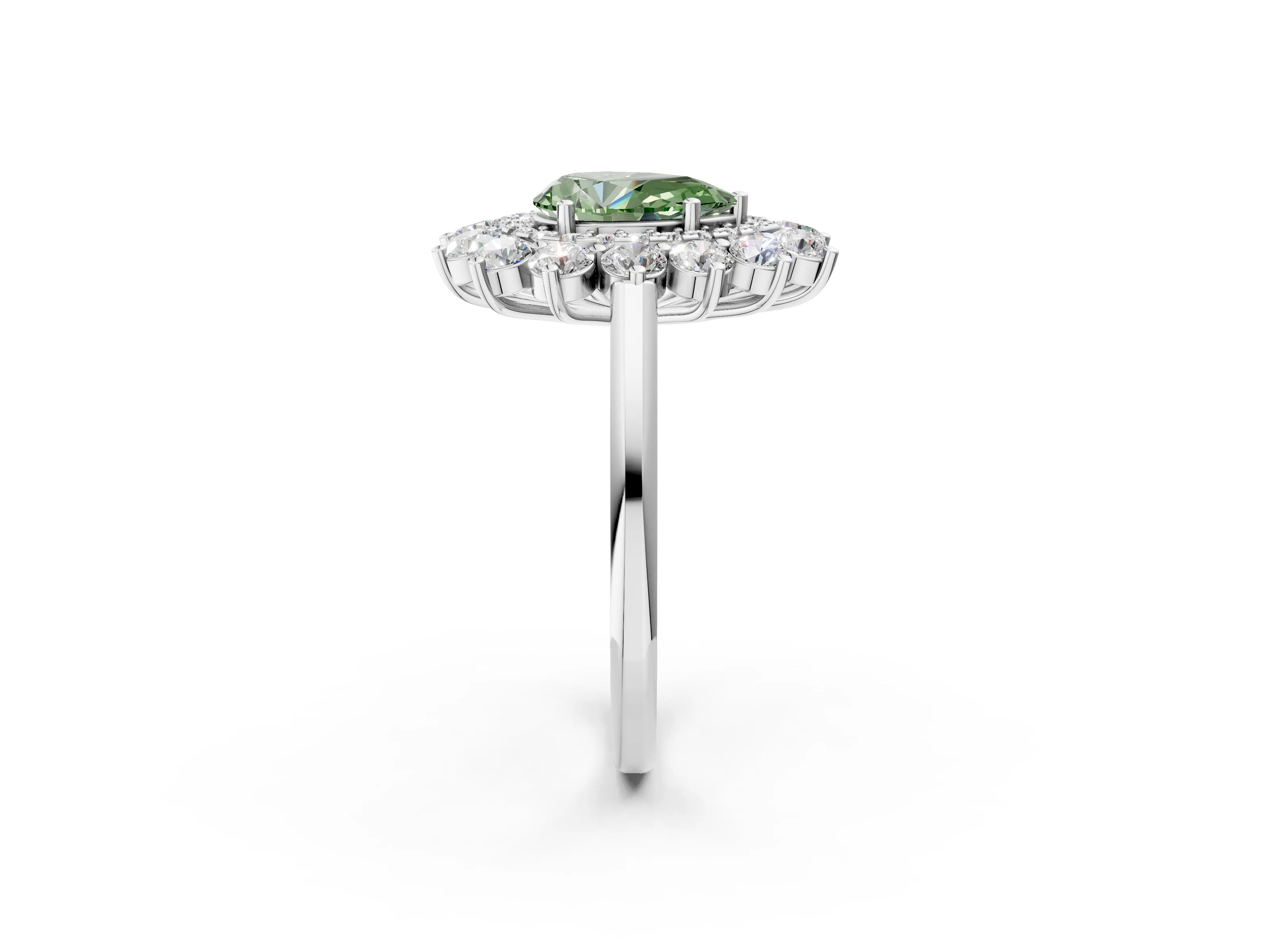 White gold Fancy Green Pear Cut Halo Cluster Diamond Ring with Pave Band and Four-Prong Setting_14