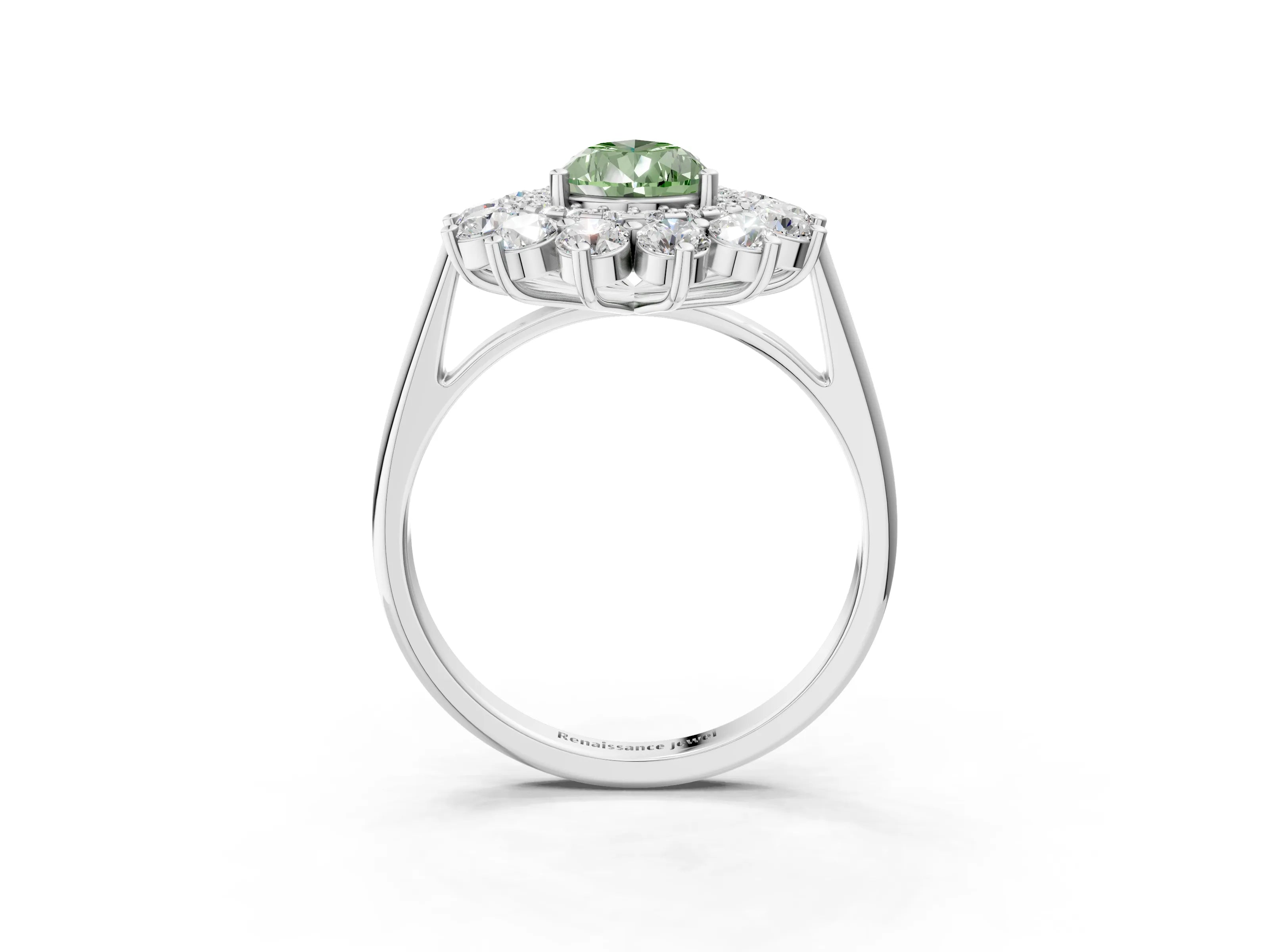 White gold Fancy Green Pear Cut Halo Cluster Diamond Ring with Pave Band and Four-Prong Setting_15