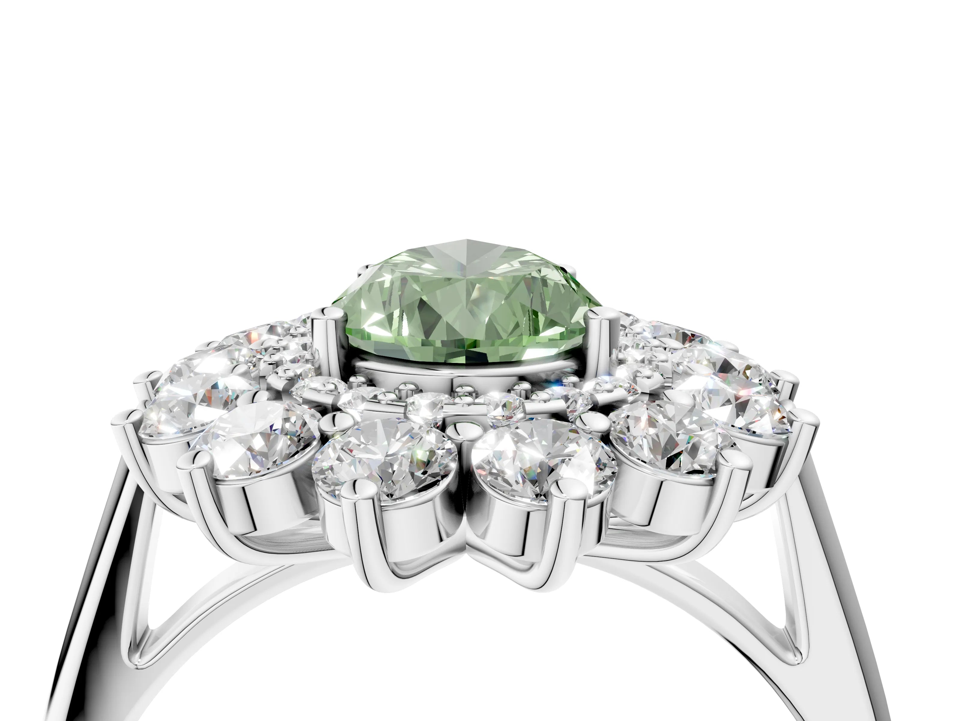 White gold Fancy Green Pear Cut Halo Cluster Diamond Ring with Pave Band and Four-Prong Setting_16