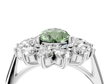 White gold Fancy Green Pear Cut Halo Cluster Diamond Ring with Pave Band and Four-Prong Setting_16