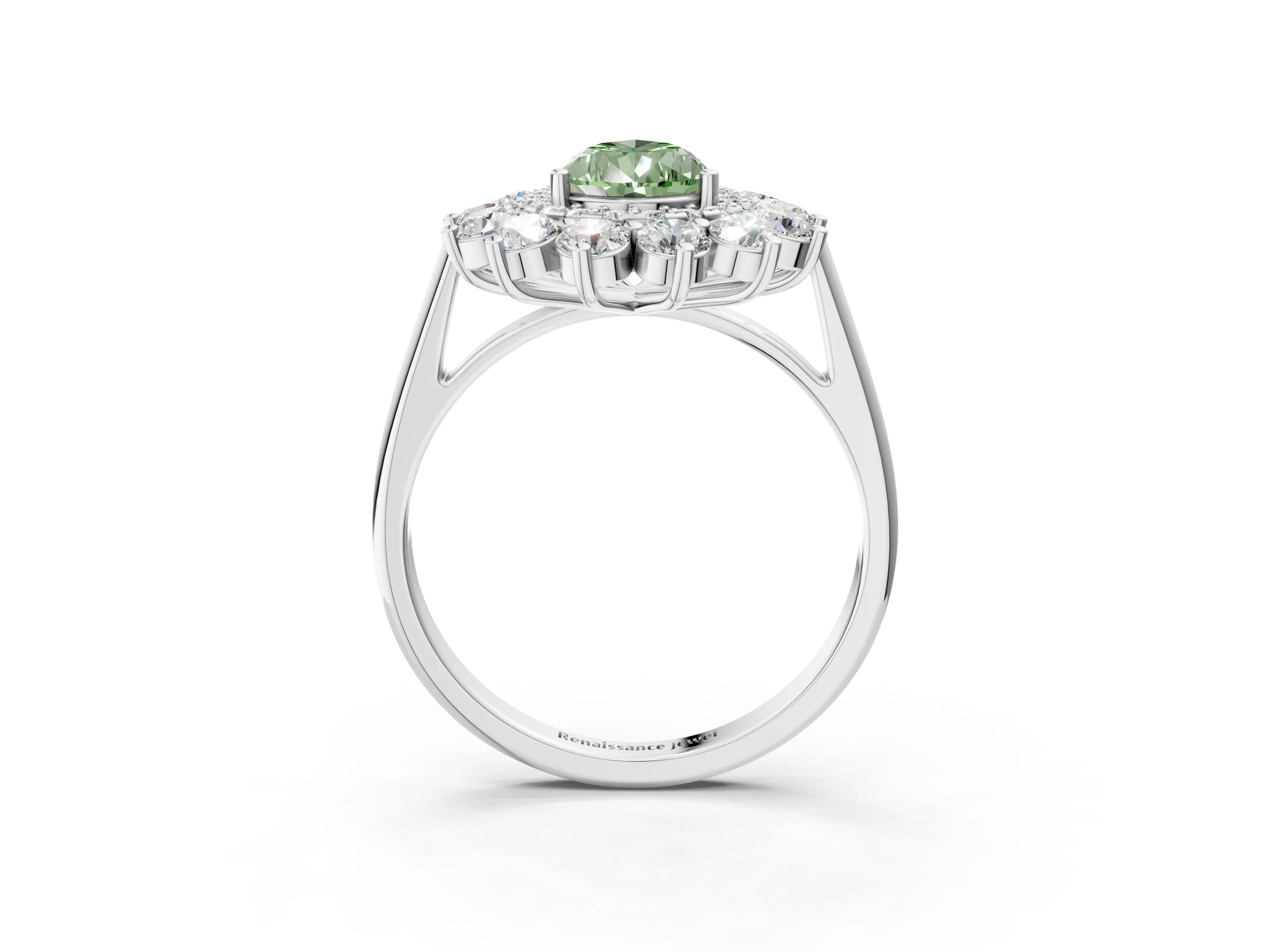 White gold Fancy Green Pear Cut Halo Cluster Diamond Ring with Pave Band and Four-Prong Setting_3