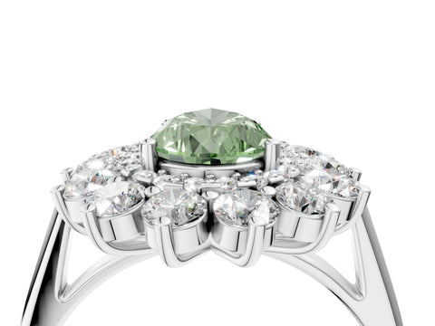 White gold Fancy Green Pear Cut Halo Cluster Diamond Ring with Pave Band and Four-Prong Setting_4