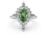 White gold Fancy Green Pear Cut Halo Diamond Cluster Ring with Marquise and Round Stones on a White Gold Band with Prong Setting