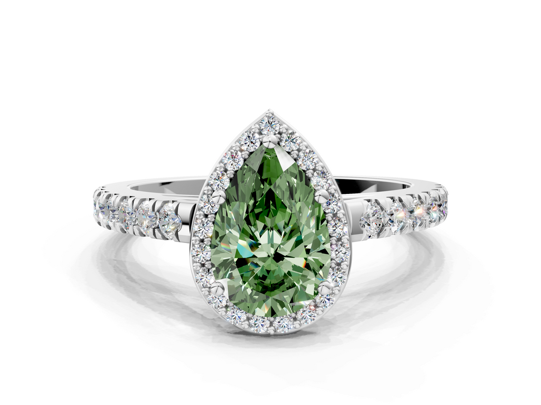 White gold Fancy Green Pear  Cut Halo Diamond Engagement Ring with Pave Band and Four-Prong Setting_28