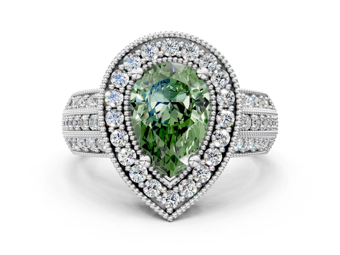 White gold Fancy Green Pear Cut Halo Diamond Engagement Ring with Pave Split Shank and Four-Prong Setting