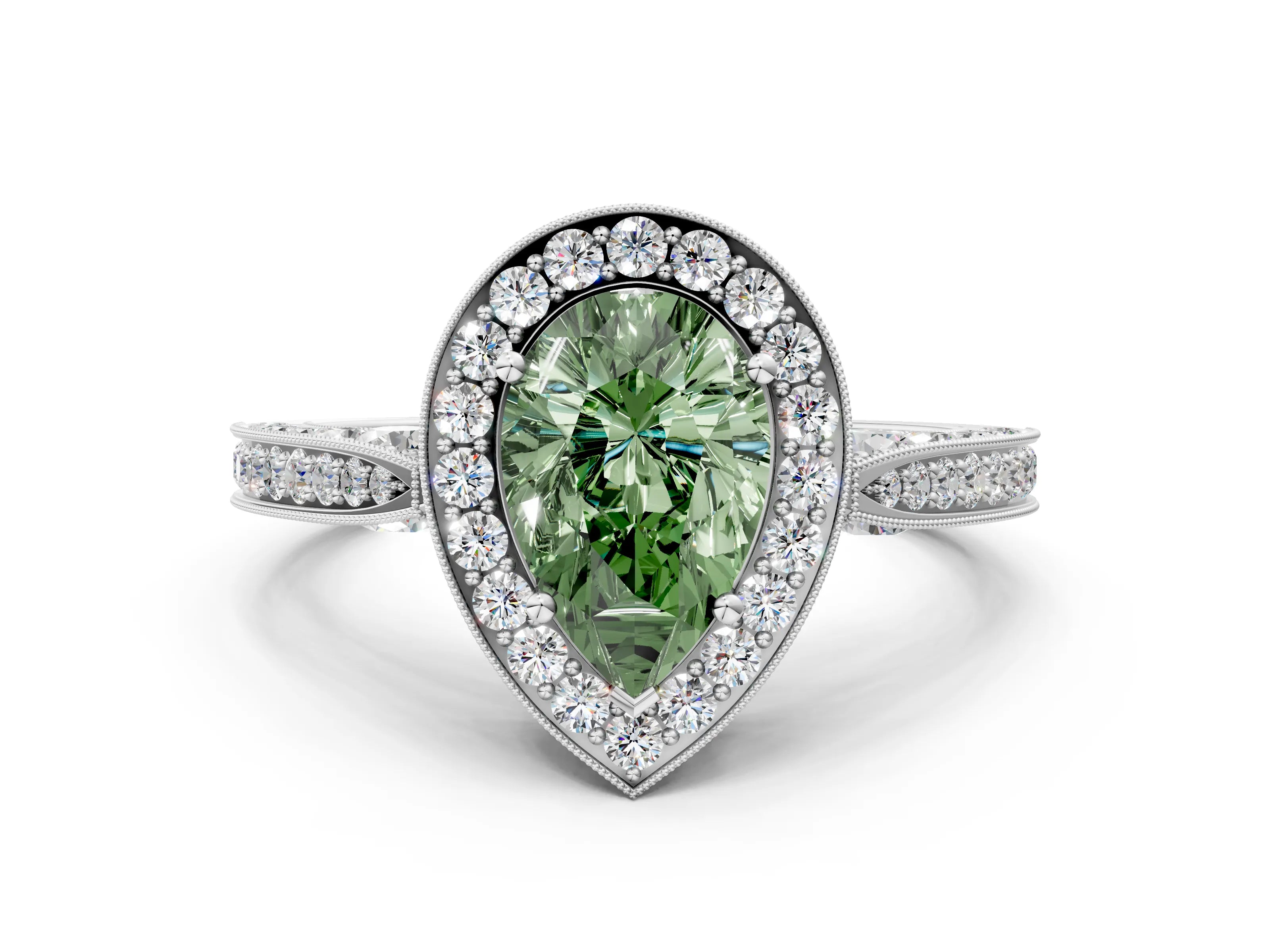 White gold Fancy Green Pear Cut Halo Diamond Engagement Ring with Split Shank Band and Four-Prong Setting_12