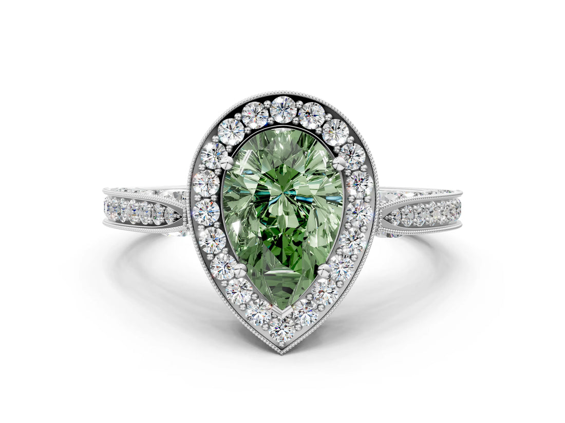 White gold Fancy Green Pear Cut Halo Diamond Engagement Ring with Split Shank Band and Four-Prong Setting_12