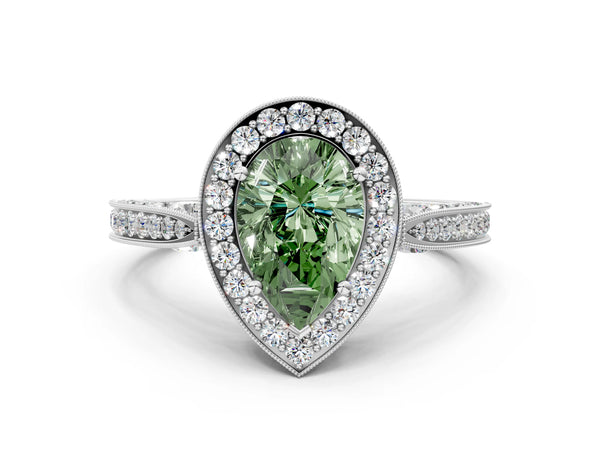 White gold Fancy Green Pear Cut Halo Diamond Engagement Ring with Split Shank Band and Four-Prong Setting