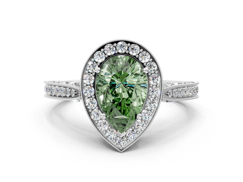 White gold Fancy Green Pear Cut Halo Diamond Engagement Ring with Split Shank Band and Four-Prong Setting_12