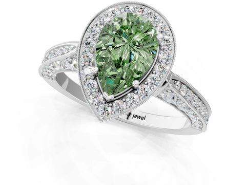 White gold Fancy Green Pear Cut Halo Diamond Engagement Ring with Split Shank Band and Four-Prong Setting_13