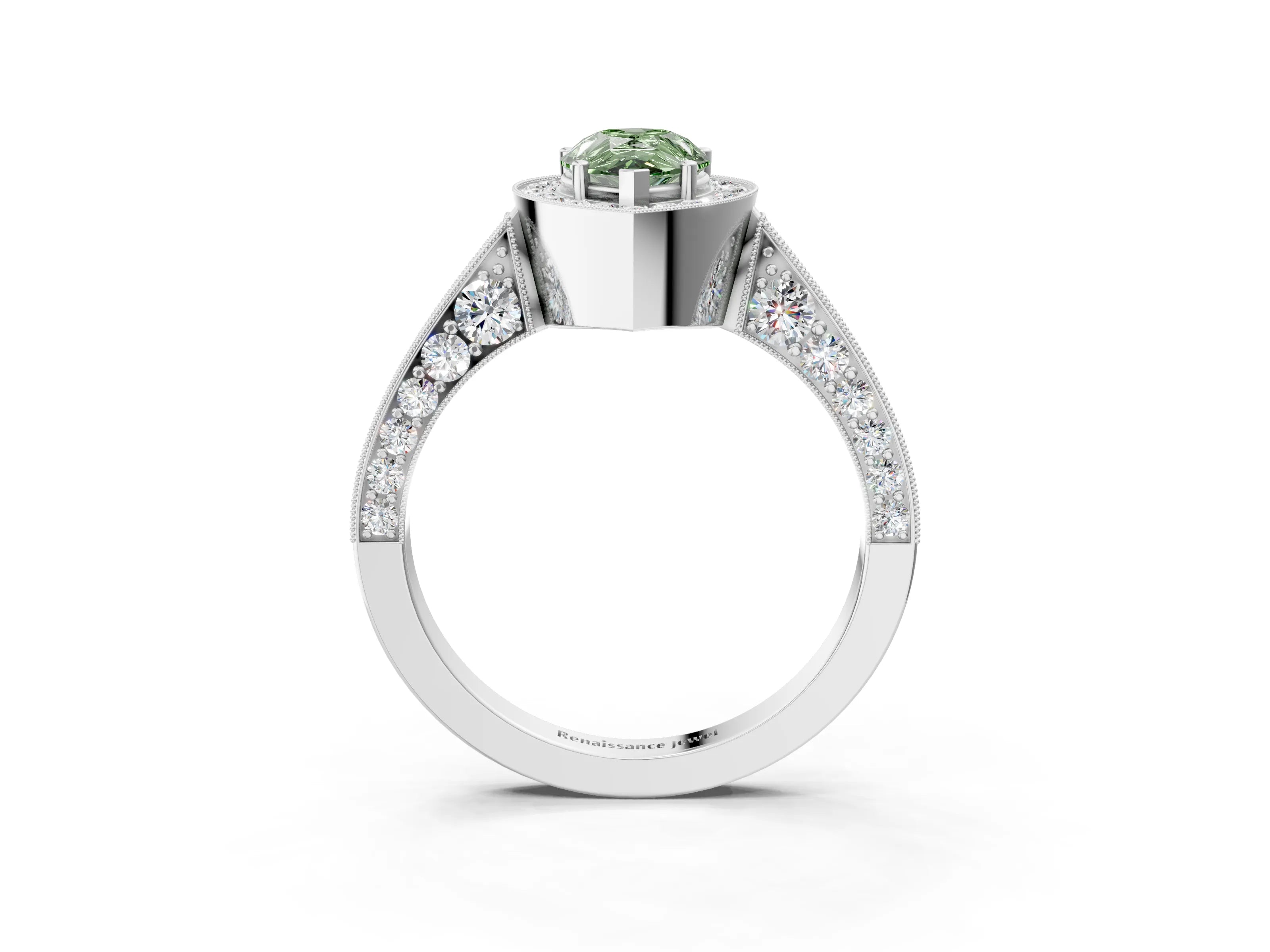 White gold Fancy Green Pear Cut Halo Diamond Engagement Ring with Split Shank Band and Four-Prong Setting_15