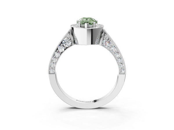 White gold Fancy Green Pear Cut Halo Diamond Engagement Ring with Split Shank Band and Four-Prong Setting
