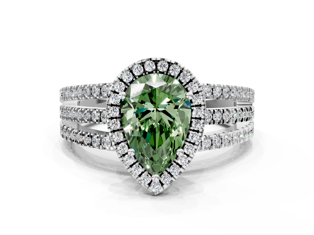 White gold Fancy Green Pear  Cut Halo Diamond Engagement Ring with Split Shank and Four-Prong Setting_20