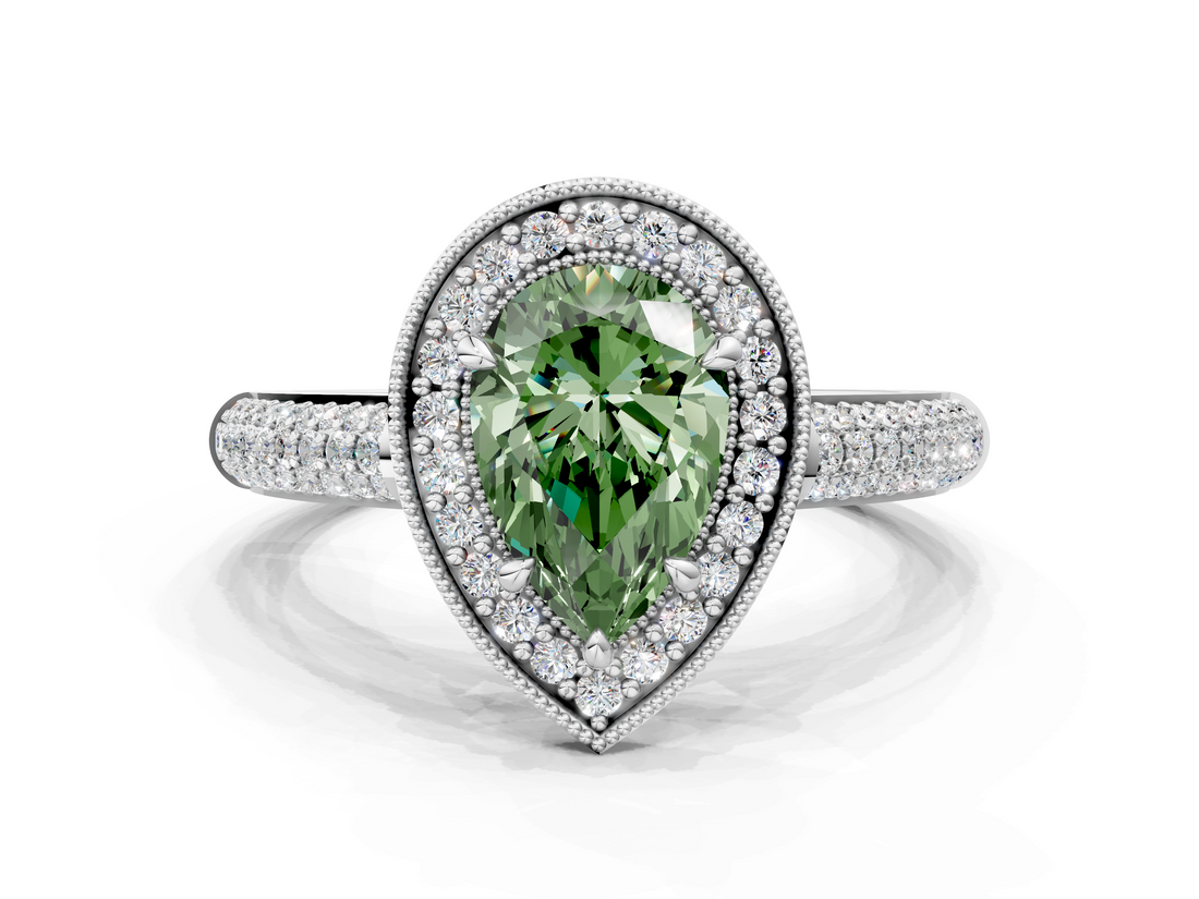 White gold Fancy Green Pear  Cut Halo Diamond Pave Band with Four-Prong Setting_38