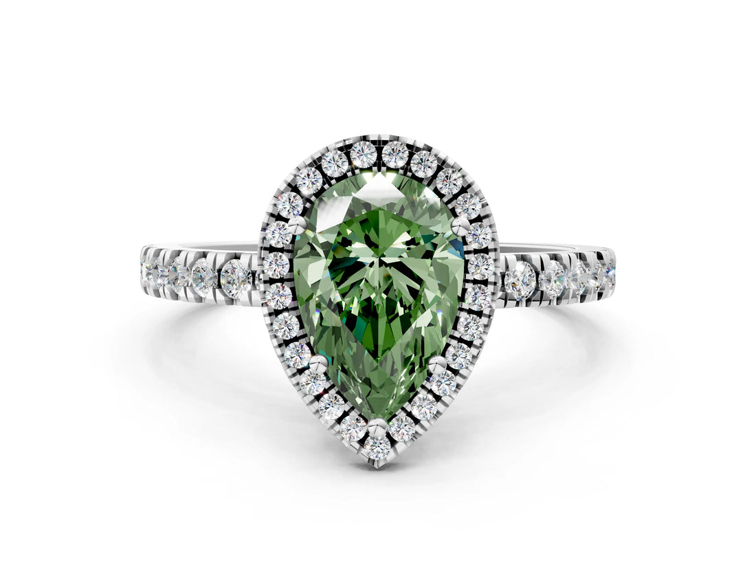 White gold Fancy Green Pear Cut Halo Diamond Pave Band with Prong Setting