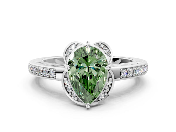 White gold Fancy Green Pear  Cut Halo Diamond Ring with Channel Set Band and Four-Prong Setting