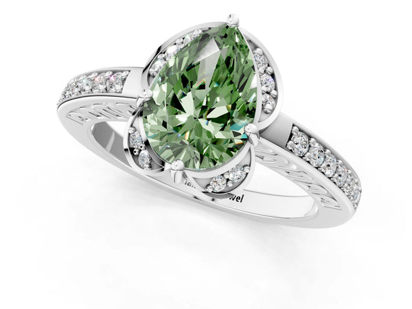 White gold Fancy Green Pear  Cut Halo Diamond Ring with Channel Set Band and Four-Prong Setting