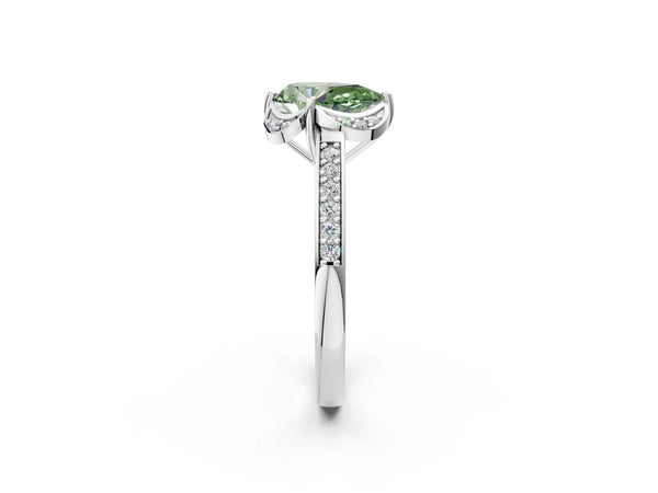 White gold Fancy Green Pear  Cut Halo Diamond Ring with Channel Set Band and Four-Prong Setting