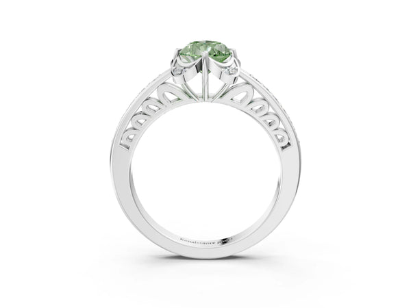 White gold Fancy Green Pear  Cut Halo Diamond Ring with Channel Set Band and Four-Prong Setting