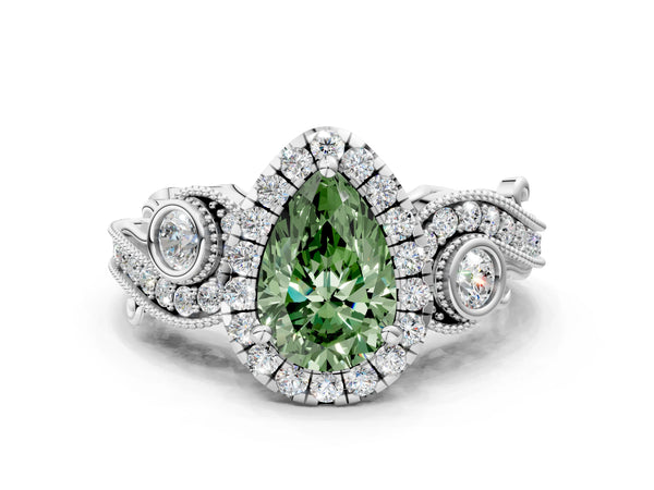 Platinum Fancy Green Pear Cut Halo Diamond Ring with Milgrain and Bezel Accents on a Split Shank Band