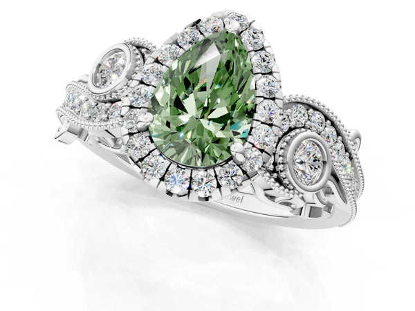 Platinum Fancy Green Pear Cut Halo Diamond Ring with Milgrain and Bezel Accents on a Split Shank Band