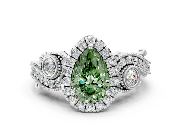 Platinum Fancy Green Pear Cut Halo Diamond Ring with Milgrain and Bezel Accents on a Split Shank Band