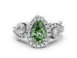 White gold Fancy Green Pear Cut Halo Diamond Ring with Milgrain and Bezel Accents on a Split Shank Band_12