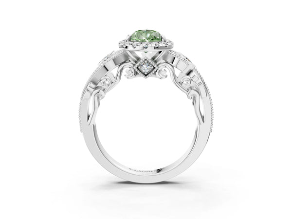 Platinum Fancy Green Pear Cut Halo Diamond Ring with Milgrain and Bezel Accents on a Split Shank Band