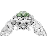 White gold Fancy Green Pear Cut Halo Diamond Ring with Milgrain and Bezel Accents on a Split Shank Band_16