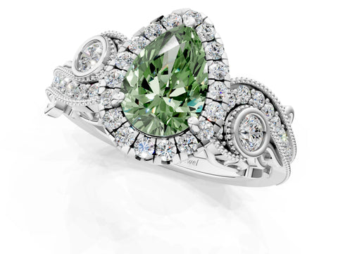 White gold Fancy Green Pear Cut Halo Diamond Ring with Milgrain and Bezel Accents on a Split Shank Band_1