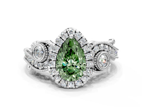 White gold Fancy Green Pear Cut Halo Diamond Ring with Milgrain and Bezel Accents on a Split Shank Band