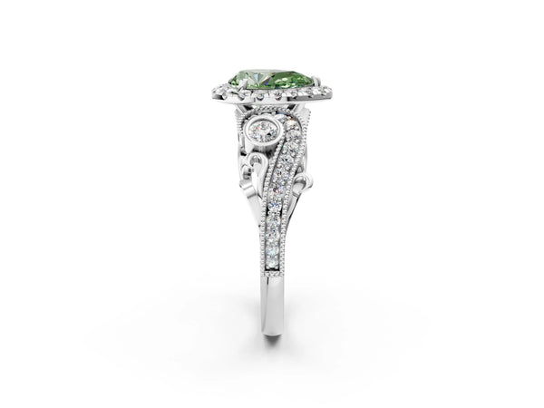 Platinum Fancy Green Pear Cut Halo Diamond Ring with Milgrain and Bezel Accents on a Split Shank Band