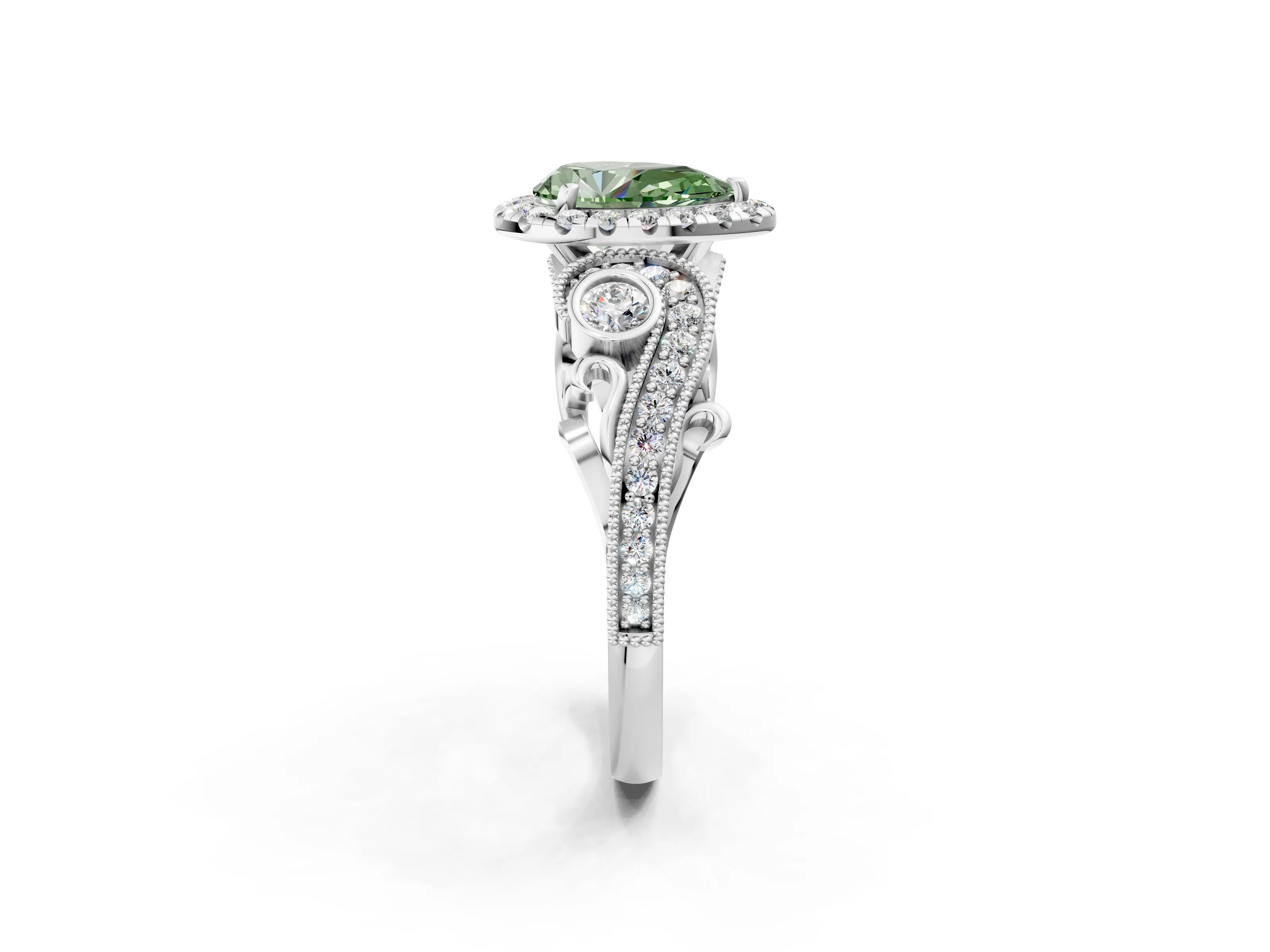 White gold Fancy Green Pear Cut Halo Diamond Ring with Milgrain and Bezel Accents on a Split Shank Band_2