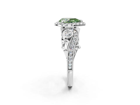 White gold Fancy Green Pear Cut Halo Diamond Ring with Milgrain and Bezel Accents on a Split Shank Band_2