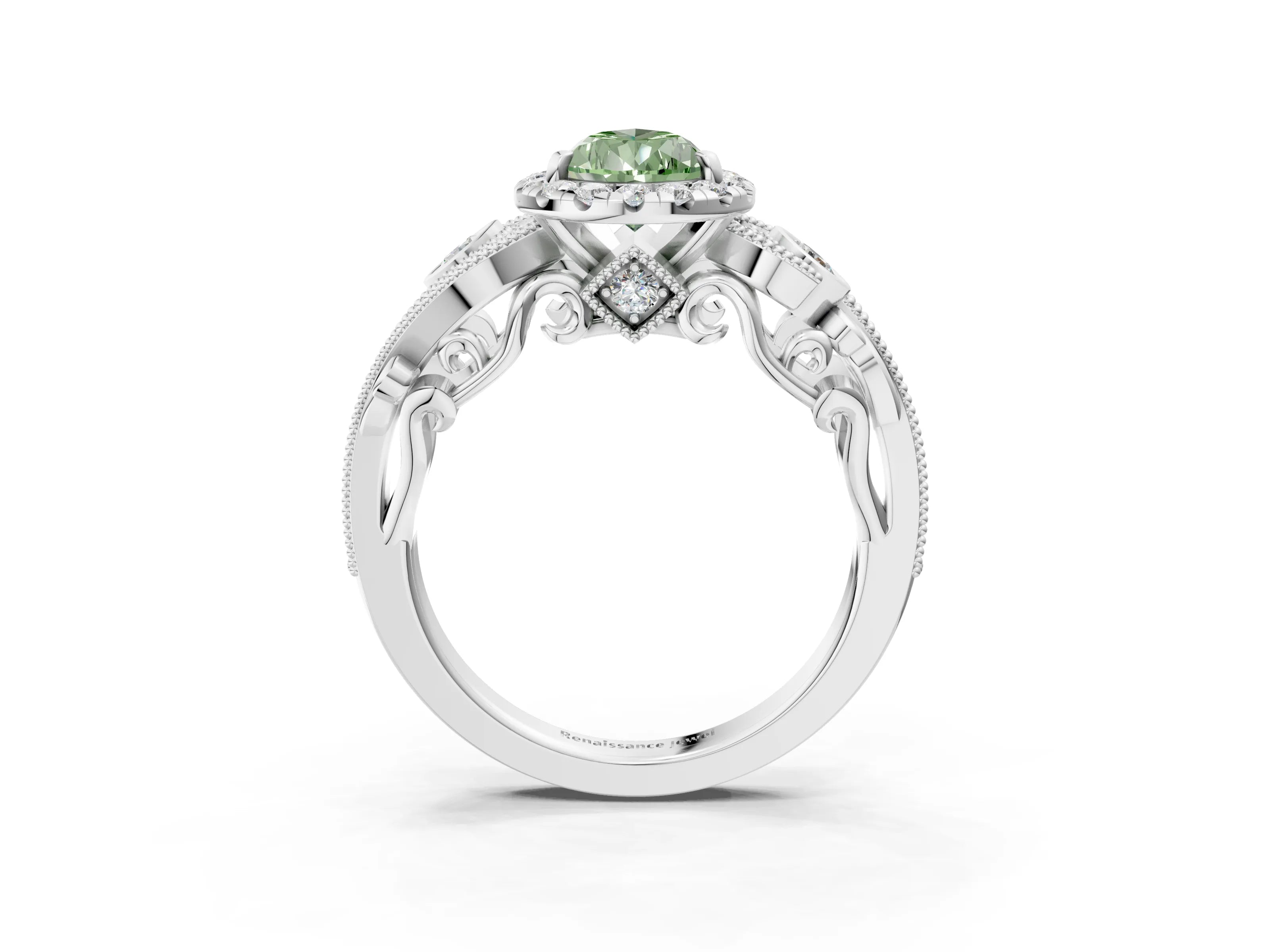 White gold Fancy Green Pear Cut Halo Diamond Ring with Milgrain and Bezel Accents on a Split Shank Band_3