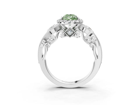 White gold Fancy Green Pear Cut Halo Diamond Ring with Milgrain and Bezel Accents on a Split Shank Band_3